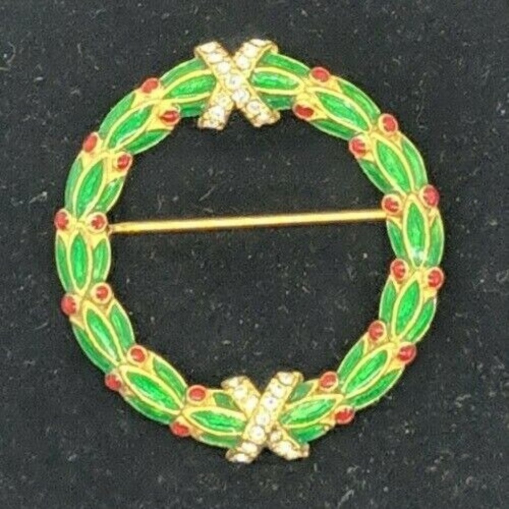 Mma Christmas Wreath Brooch Pin Fbs Faberge Vintage 24k Eplated Gold Crystals